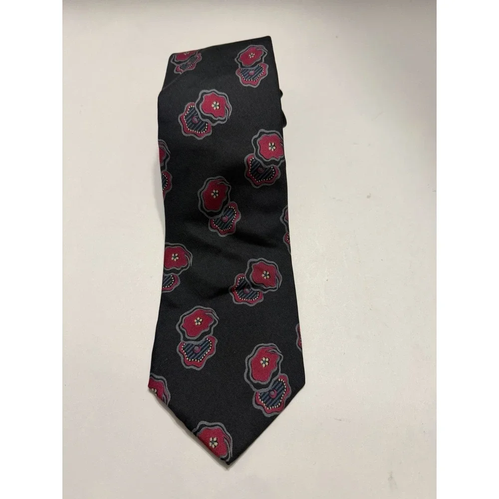 Envoy Mens Silk Necktie Black Red Grey Floral Poppy Pattern Classic 56 Inch
